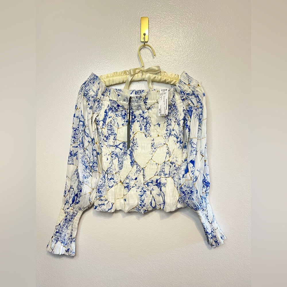 All Saints Blue and White Smocked 3/4 Sleeve Blouse